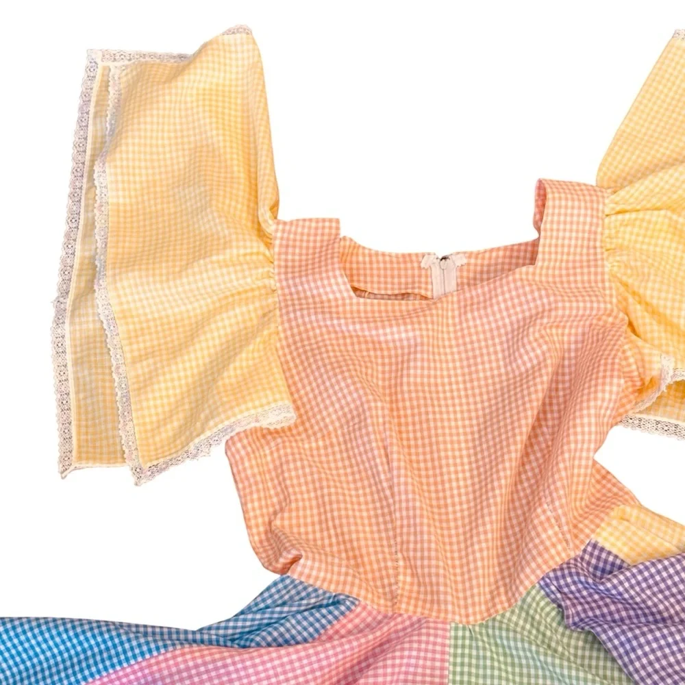 Vintage 70s Colorful Square Dance Full Circle Rockabilly Angel Sleeve Dress M - Picture 3 of 8